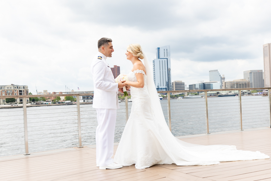 Wedding at Baltimore Harbor intimate portrait of bride by the water
