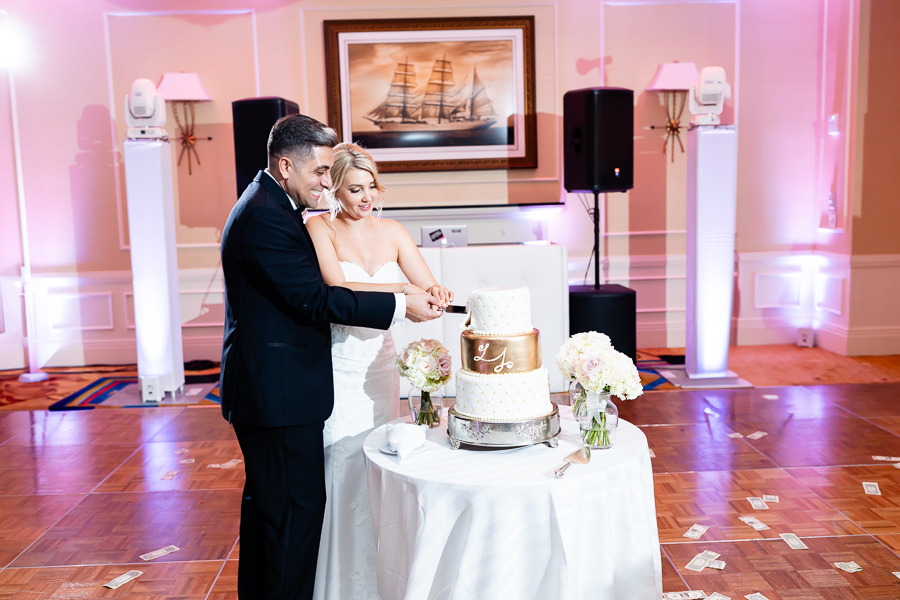 Wedding at Baltimore Harbor wedding cake with gold and blush pink accents
