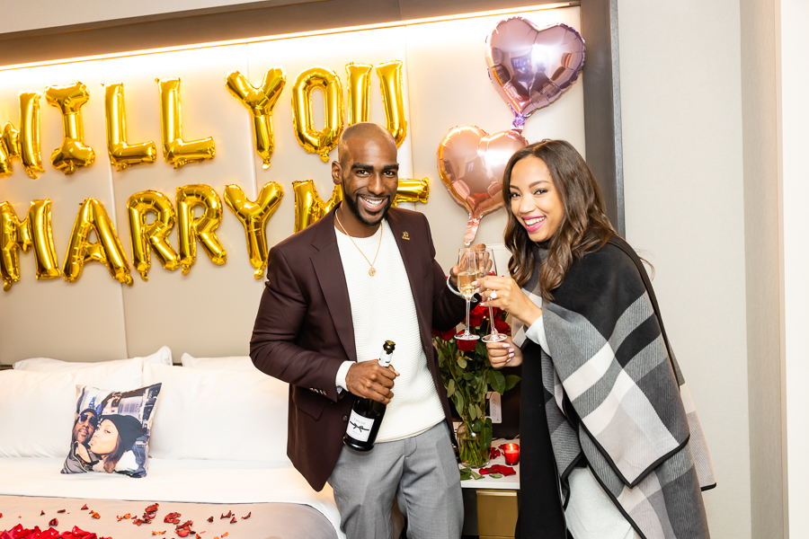 Champagne toast at Intercontinental Hotel after amazing marriage proposal.