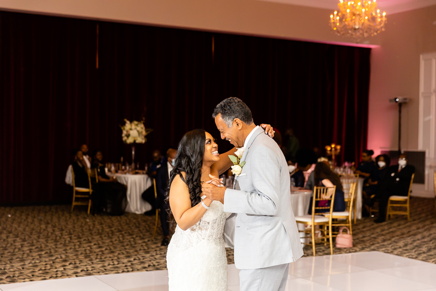 Bride and Dad dance at Fox Chase Manor Weddings reception.