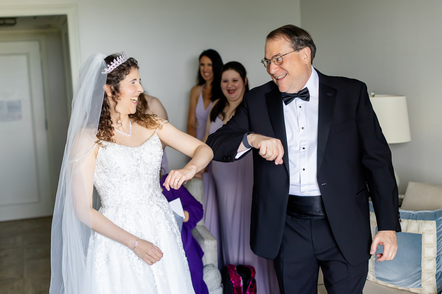 bride dress reveal with father